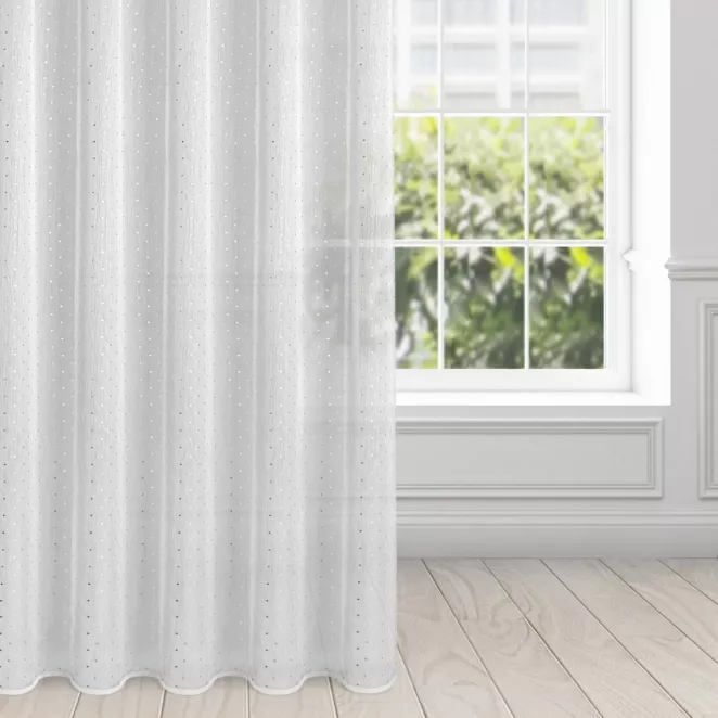 Firana biała z srebrnym nadrukiem drobnych kwadracików 140x270 cm taśma SIBEL