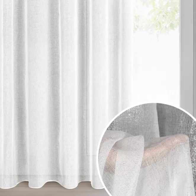 Firana biało, srebrna z etaminy zdobiona nakrapianym błyszczącym wzorem 140x270 cm taśma LUCILA