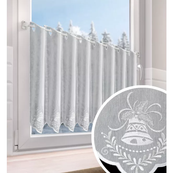 Tkanina firanowa zazdrostka z etaminy zdobiona świątecznym haftem dzwoneczków