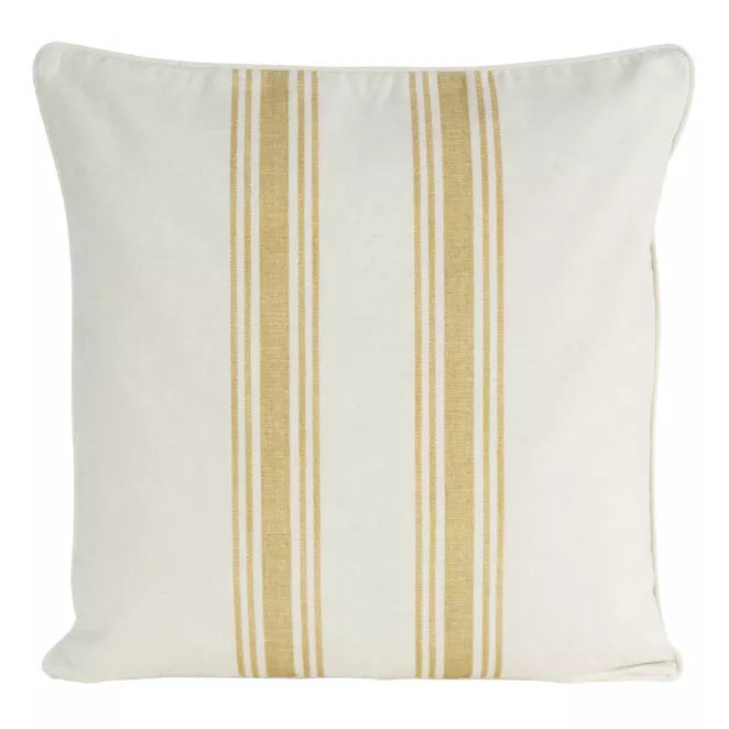 Poszewka na poduszkę 50x50 cm bawełniana z dodatkiem lnu kremowo, żółta zdobiona subtelnym nadrukiem pasów  LEN