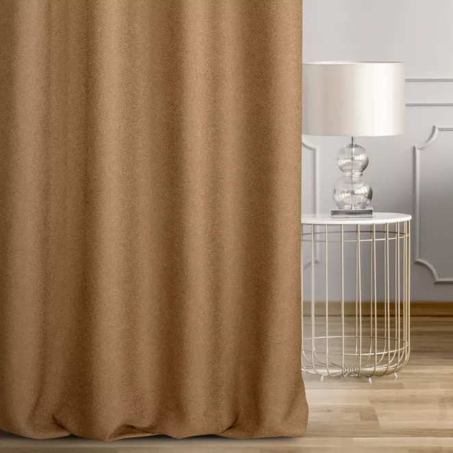 Zasłona szyta na taśmie 5 cm złocista z tkaniny o naturalnym splocie w stylu eko