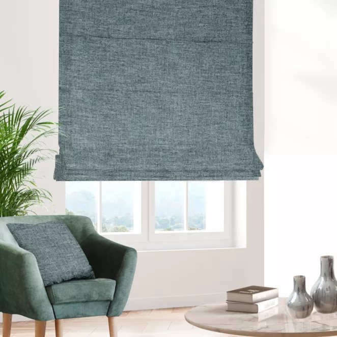 Roleta rzymska ciemnomiętowa tkanina o naturalnym charakterze z efektem melanżu