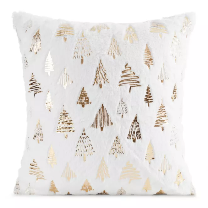 Poszewka na poduszkę świąteczna 45x45 cm biało, złota z przyjemnego futerka zdobiona nadrukiem choinek