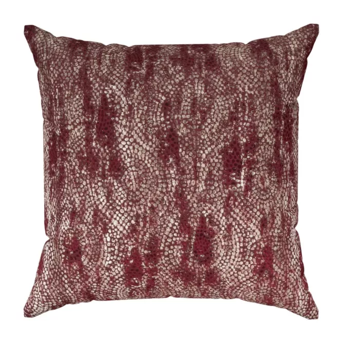 Poszewka szyta bordowo złocista z grubej, welwetowej tkaniny z geometrycznym wzorem, zdobiona delikatnie połyskującym nadrukiem