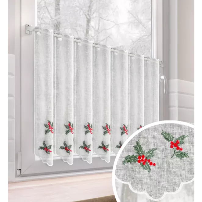 Tkanina firanowa zazdrostka z etaminy zdobiona świątecznym haftem z motywem ostrokrzewu