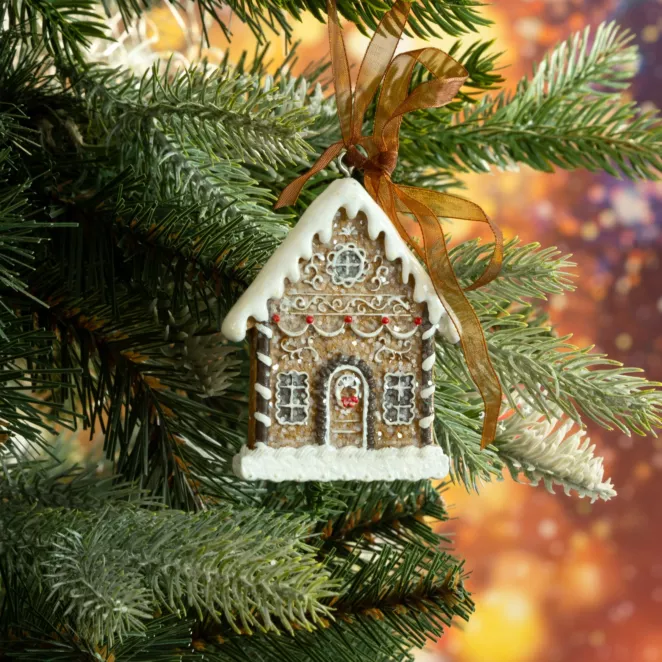 Ozdoba choinkowa CHATKA z dodatkiem delikatnego brokatu na dekoracyjnej wstążce