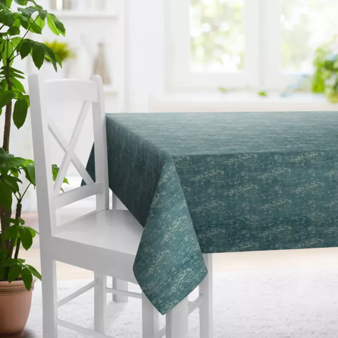 Obrus szyty MALLORCA turkusowo złocisty z miękkiej tkaniny szenilowej przetykanej błyszczącą nicią