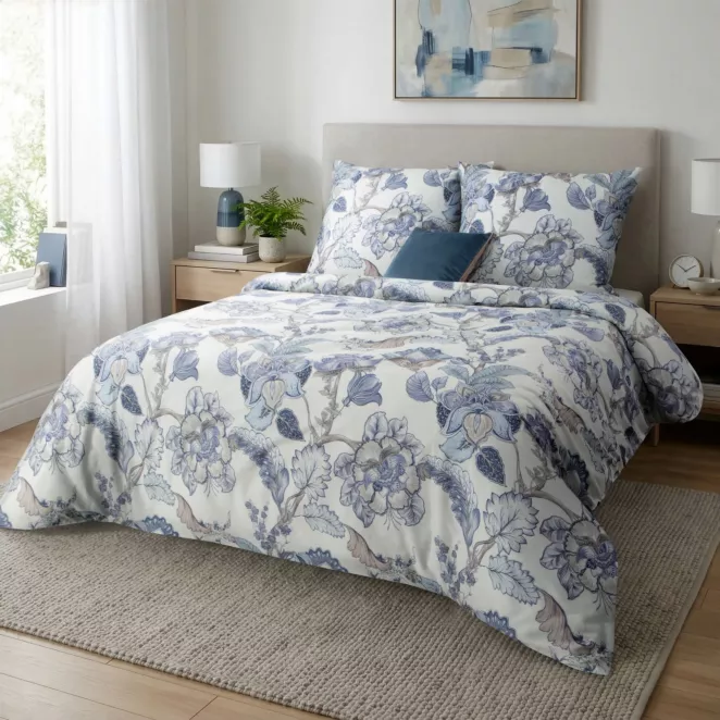 Pościel 220x200 cm komplet 3 częściowy z makosatyny bawełnianej kolor biało, niebieski z motywem kwiatów Eurofirany Premium