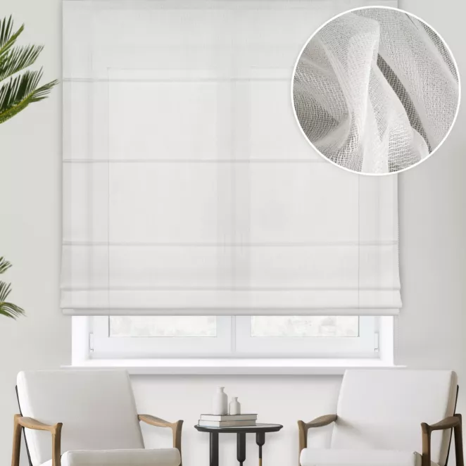 Roleta rzymska kremowa z półmatowej tkaniny z efektem deszczyku, wykończonej obciążnikiem