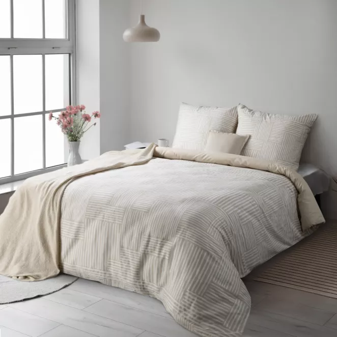 Pościel 220x200 cm komplet 3 częściowy satyna bawełniana kolor biało, beżowy z geometrycznym motywem SPRING 80