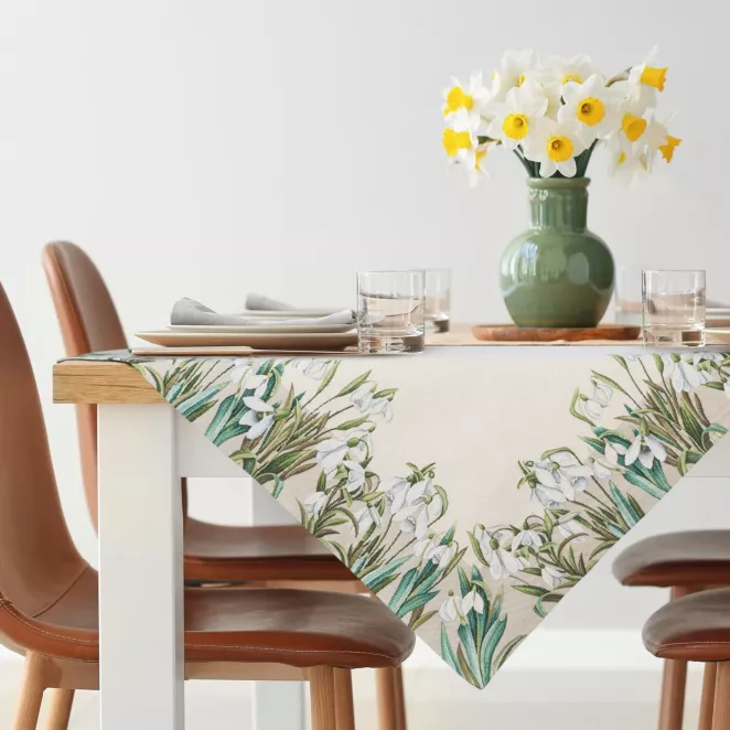 Obrus na stół naturalno, biały 100x100 cm gobelinowy z motywem przebiśniegów