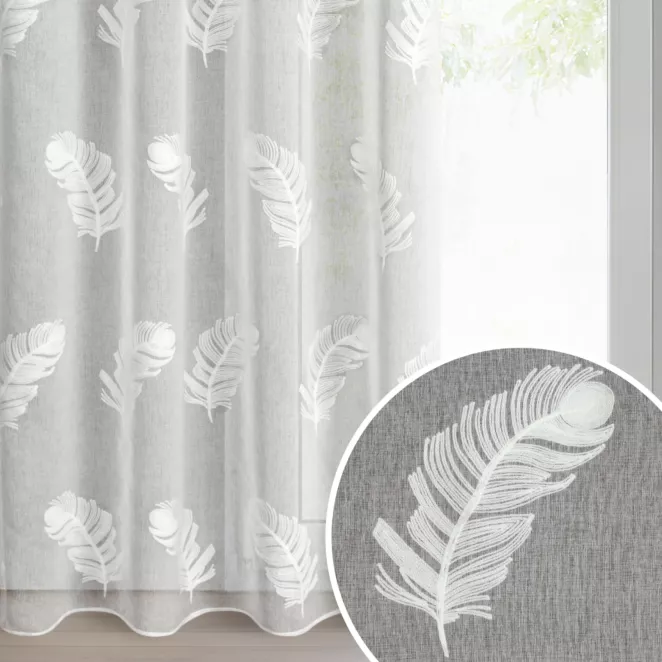 Firana biała z etaminy zdobiona haftem piór 140x250 cm przelotka - LIRENA