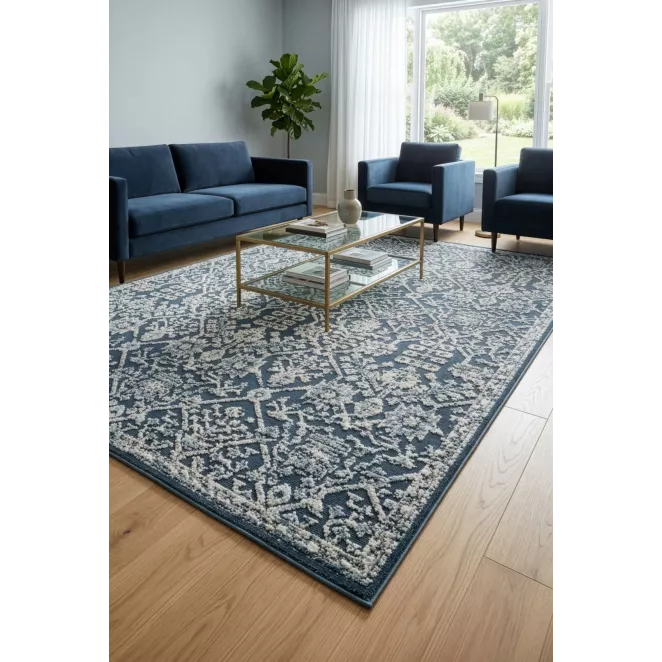 Dywan 60x100 cm ciemnoniebiesko, kremowy z wzorem ornamentu ELORA 6