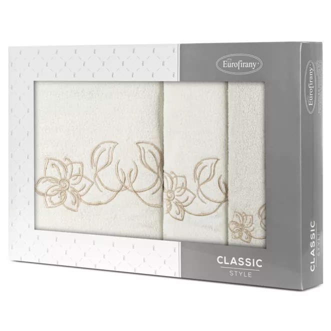 Zestaw ręczników bawełnianych na prezent 3 szt kolor kremowy, beżowy z haftem uroczych kwiatów 400 g/m2 LILA