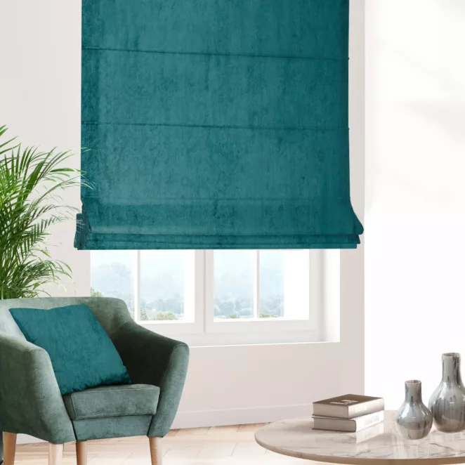 Roleta rzymska SAFARI turkusowa z miękkiej welwetowej tkaniny z połyskiem