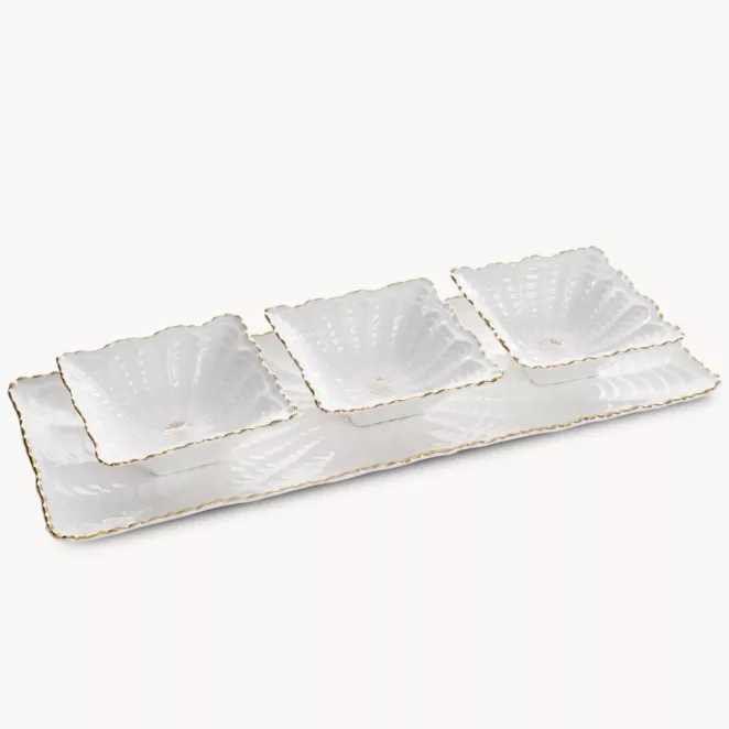 Patera ceramiczna dekoracyjna kremowo-złota z trzema miseczkami zdobiona wypukłym wzorem 42x16x2 cm GAIA