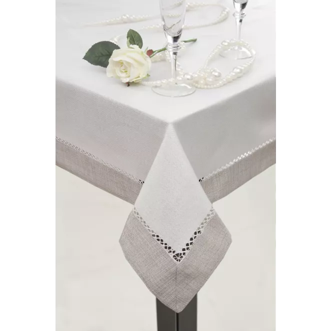 Bieżnik na stół biało, srebrny 40x140 cm EMMA z mereżką i ozdobną listwą