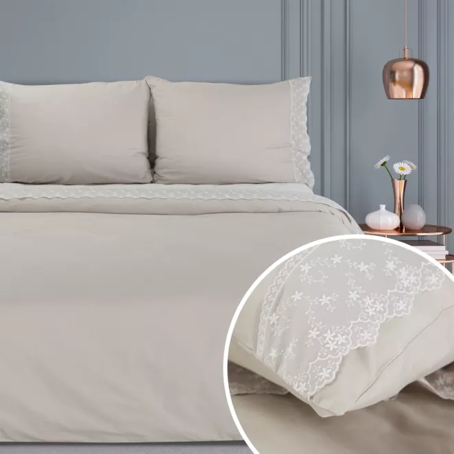 Pościel 160x200 cm komplet 3 częściowy z bawełny ranforce kolor beżowy zdobiona koronką REINA 27