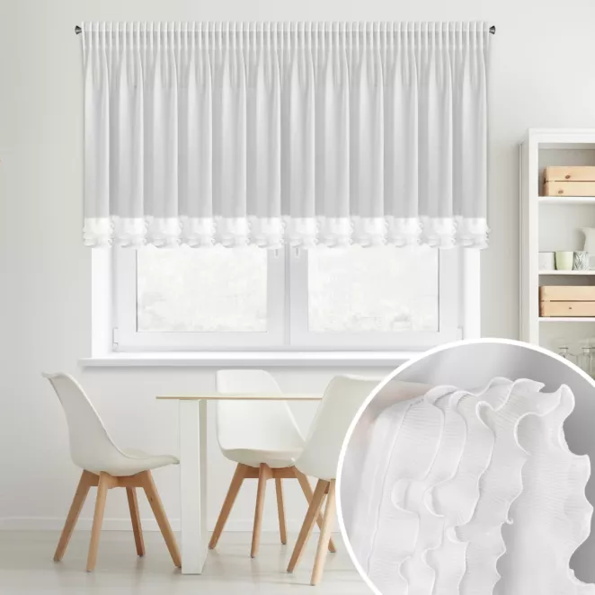 Firana biała z szyfonu zdobiona falbanką  400x80 cm taśma - LUISA