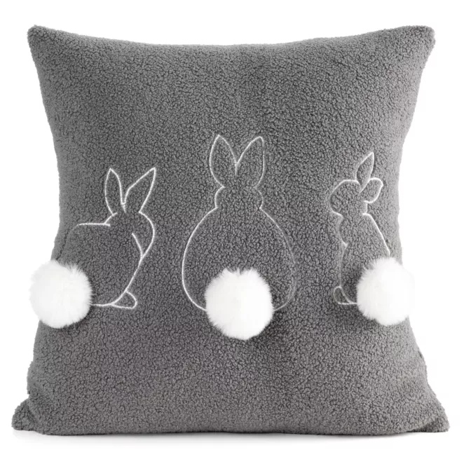 Poszewka na poduszkę 45x45 cm z tkaniny typu bukla stalowo, biała z uroczym haftem z pomponami WIOSNA 36