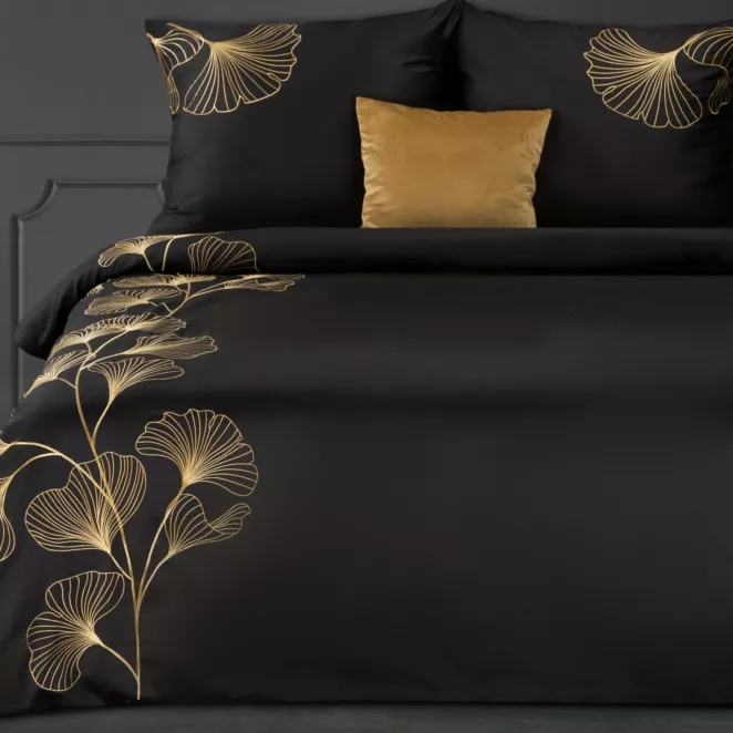 Pościel 160x200 cm z satyny bawełnianej kolor czarny haftowana w złote liście miłorzębu HAFT 2 Eurofirany Premium