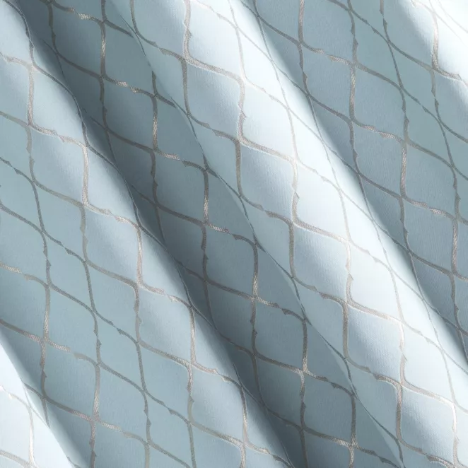 L16/4 Zasłona szyta na taśmie 5 cm LANA błękitna w elegancki wzór marokańskiej koniczyny z lekkim połyskiem