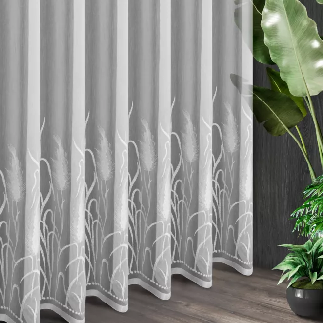 Tkanina firanowa typu aden zdobiona haftem trawy pampasowej