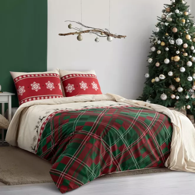 Pościel świąteczna 140x200 cm bawełna ranforce  kolor czerwony, zielony zdobiony nadrukiem kraty AUSTIN