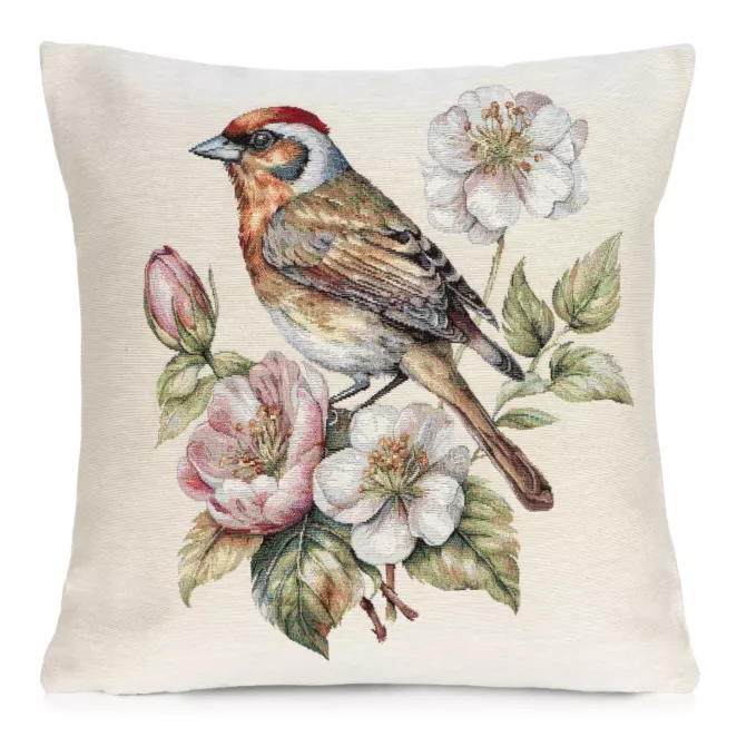Poszewka na poduszkę 45x45 cm gobelinowa naturalno beżowa z tkanym motywem uroczego ptaszka