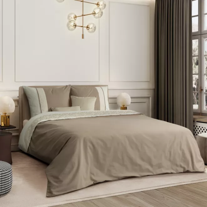 Pościel 160x200 cm z bawełny ranforce kolor beżowy, kremowy zdobiona ornamentowym haftem REINA26A