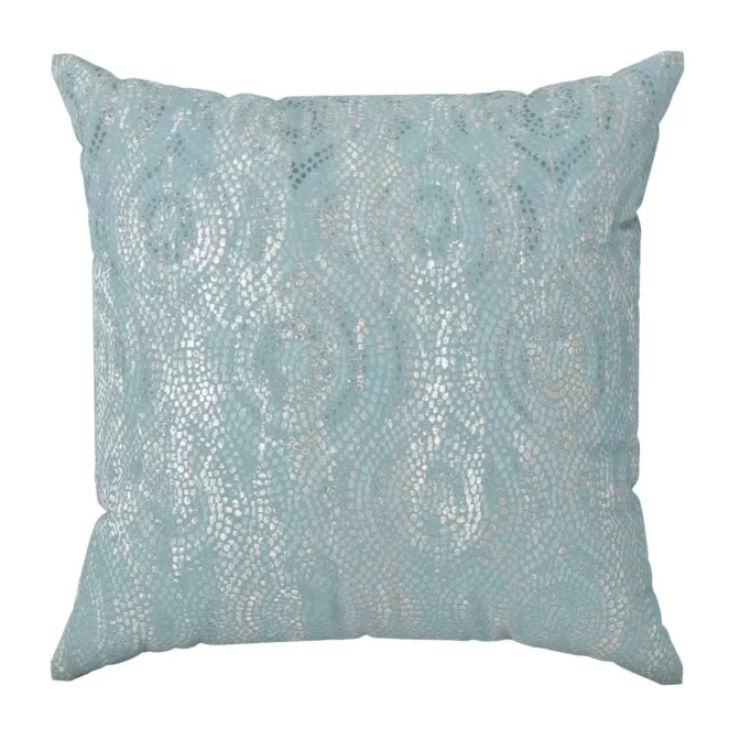 Poszewka szyta niebiesko złocista z grubej, welwetowej tkaniny z geometrycznym wzorem, zdobiona delikatnie połyskującym nadrukiem