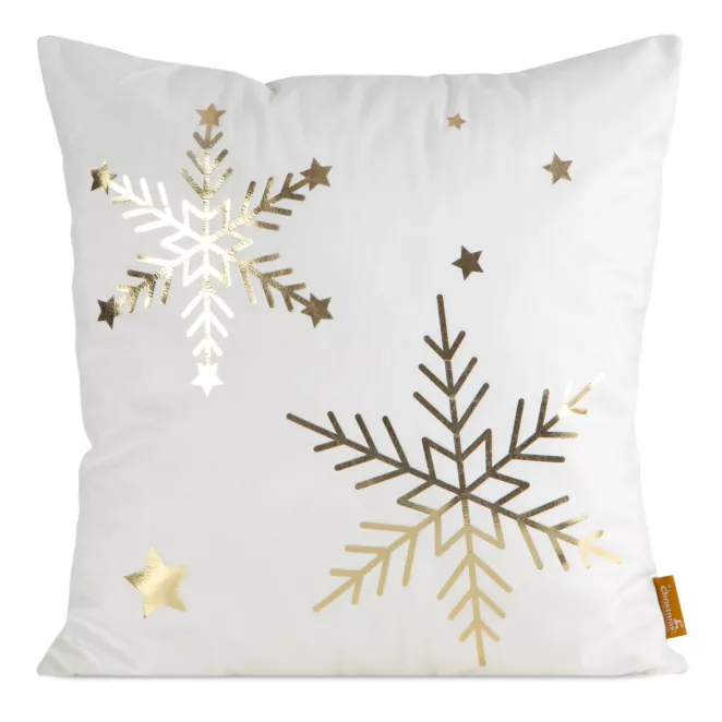 Poszewka na poduszkę świąteczna 45x45 cm welwetowa biała zdobiona nadrukiem szampańskich śnieżynek