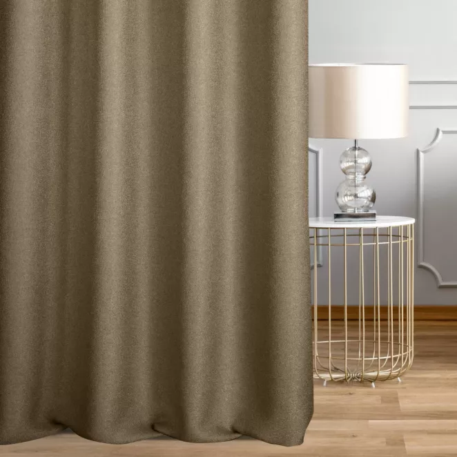 Zasłona szyta na taśmie 5 cm ciemnobrązowa z tkaniny o naturalnym splocie w stylu eko