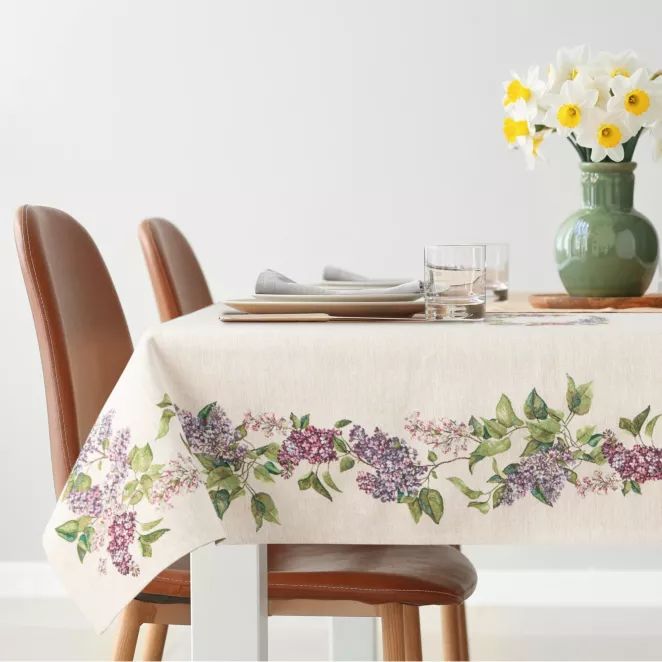 Obrus na stół naturalno, fioletowy 140x180 cm gobelinowy zdobiony motywem bzu