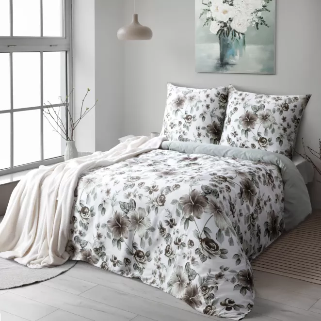 Pościel 140x200 cm z satyny bawełnianej kolor biało, stalowy z motywem kwiatów SPRING 67