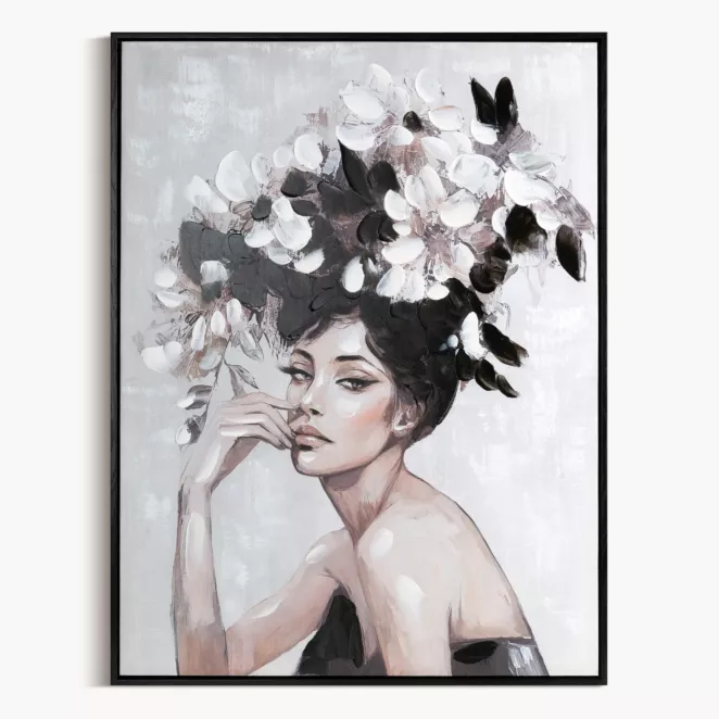 Obraz kremowo, czarny ręcznie malowanej kobiety z kwiatami na płótnie 60x80 cm
