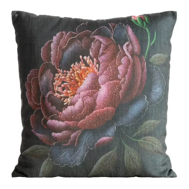 Poszewka na poduszkę 45x45 cm o strukturze lnu z nadrukiem subtelnych kwiatów czarno, różowa LEN