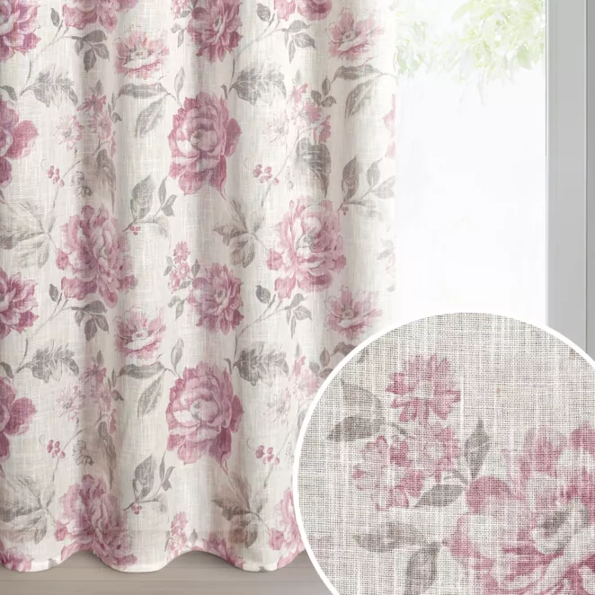 Zasłona naturalna, różowa z tkaniny z dodatkiem lnu zdobiona nadrukiem subtelnych kwiatów 140x250 cm przelotki -  DAVENA