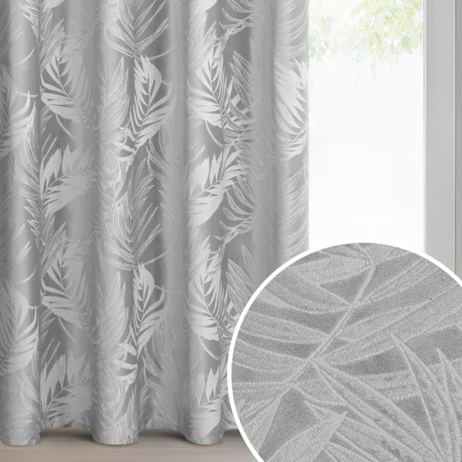 Zasłona srebrna welwetowa zdobiona motywem palmowych liści 140x250 cm przelotka - VERA
