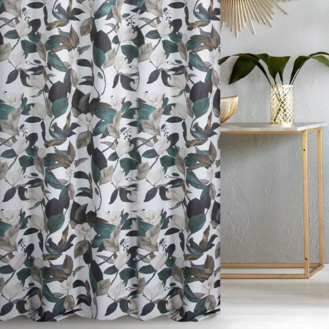 Zasłona szyta na taśmie 5 cm biało ciemnozielona z miękkiej tkaniny o naturalnym splocie z kwiatowym wzorem