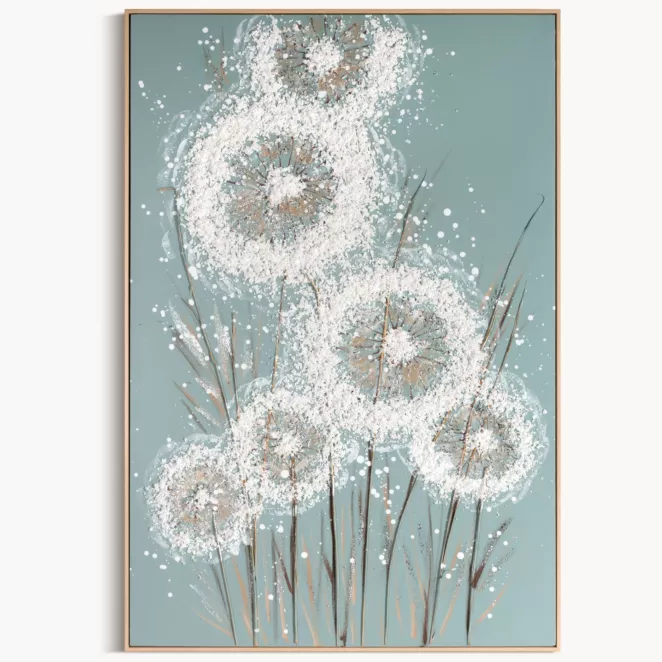 Obraz 3D z dmuchawcami kremowy, jasnoniebieski ręcznie malowany oprawiony w ramę 82x122 cm