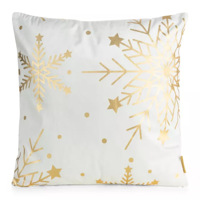 Poszewka na poduszkę  45x45 cm welwetowa biała zdobiona świątecznym nadrukiem szampańskich śnieżynek