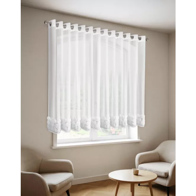 Firana biała z siateczki zdobiona aplikacją 3D w róże 350x160 cm przelotka - ROSES2 - Eva Minge