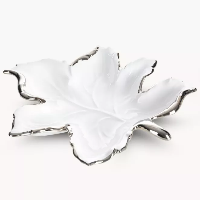 Patera ceramiczna biało-srebrna  w kształcie liścia 33x35x6 cm ABBI