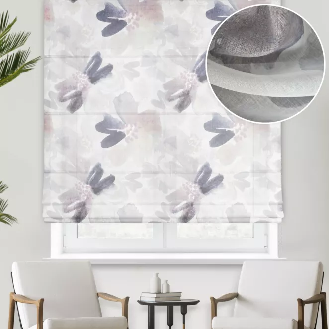 Roleta rzymska kremowo wrzosowa z eleganckiej etaminy w drukowany w malarski kwiatowy wzór