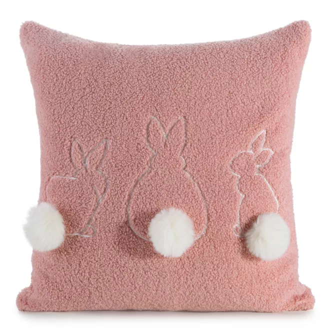 Poszewka na poduszkę 45x45 cm z tkaniny typu bukla pudrowo, biała z uroczym haftem z pomponami WIOSNA 53