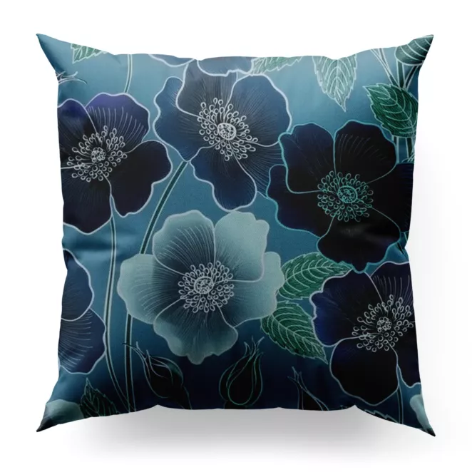 Poszewka szyta turkusowo granatowa z miękkiej tkaniny typu blackout drukowanej w kwiatowy wzór