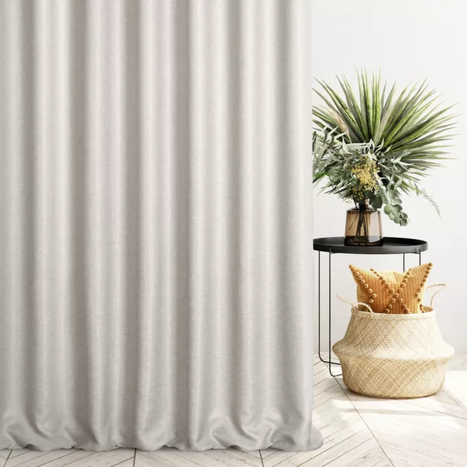 Zasłona szyta na flexach beżowa z tkaniny typu dimout o średnim stopniu zaciemnienia