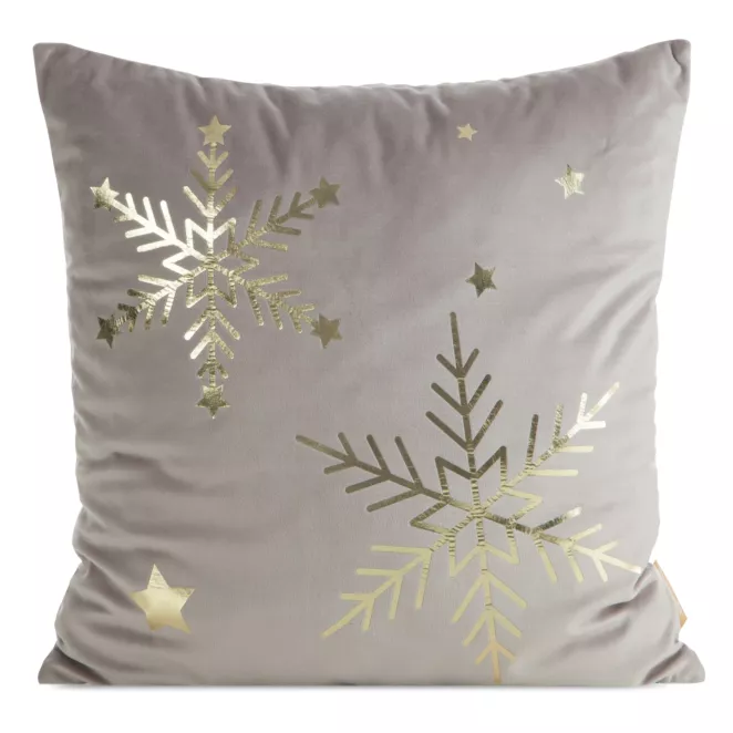 Poszewka na poduszkę świąteczna 45x45 cm welwetowa kremowa zdobiona nadrukiem szampańskich śnieżynek
