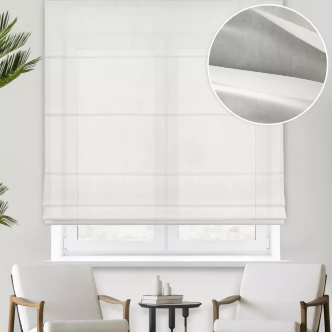 Roleta rzymska RAMIRA kremowa z wysokogatunkowego niemieckiego woalu, wykończona obciążnikiem